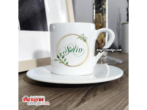 Kişiye Özel Yeşil Çiçekli Türk Kahvesi Fincanı