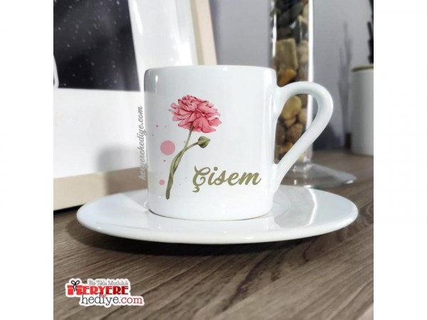 Kişiye Özel Pembe Çiçek Tasarımlı Kahve Fincanı