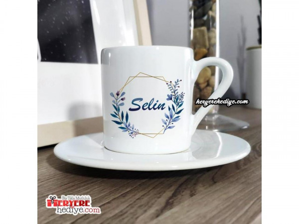 Kişiye Özel Mavi Çiçekli Türk Kahvesi Fincanı