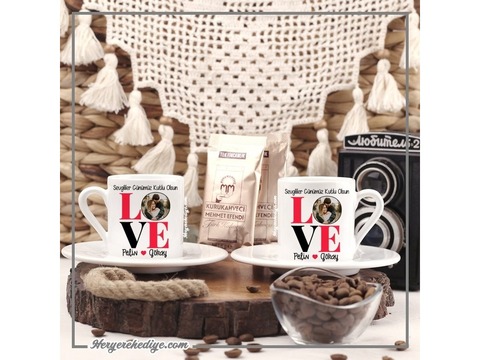 Sevgiliye Hediye LOVE Yazılı Fotoğaflı Kahve Fincanı - 1 Adet